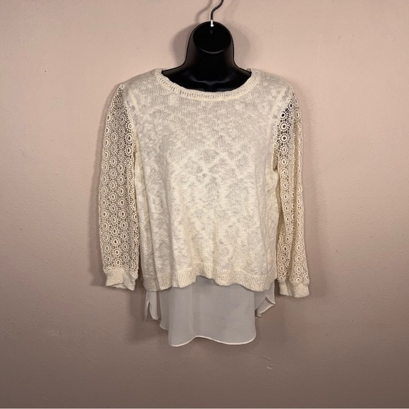 Medium Lucky Brand Ivory Cream Knit Chiffon Top Embroidered Lace  Pullover - Picture 9 of 13